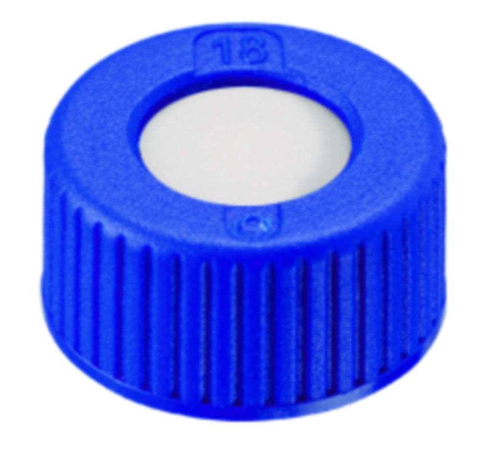 Screw cap, LLG, N 9 short thread, blue PP w. hole, PTFE 53 D