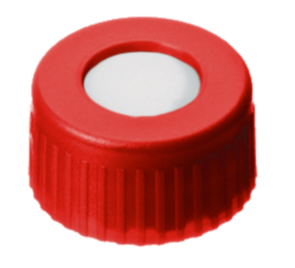 Screw cap, LLG, N 9 short thread, red PP w. hole, silicone/PTFE 55 A