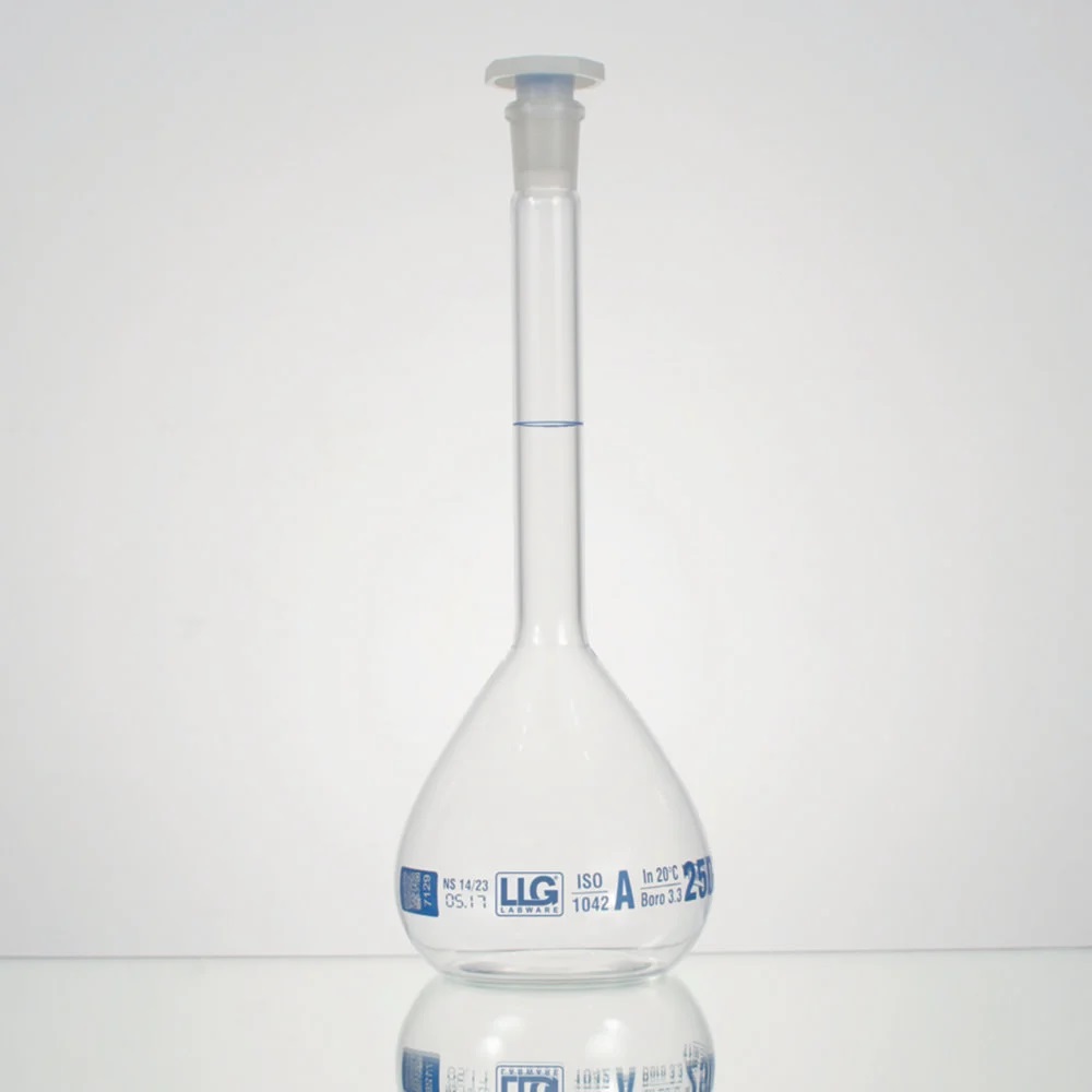 Volumetric flask, LLG, cl. A, NS14, PE stopper, 50 mL, 2 pcs