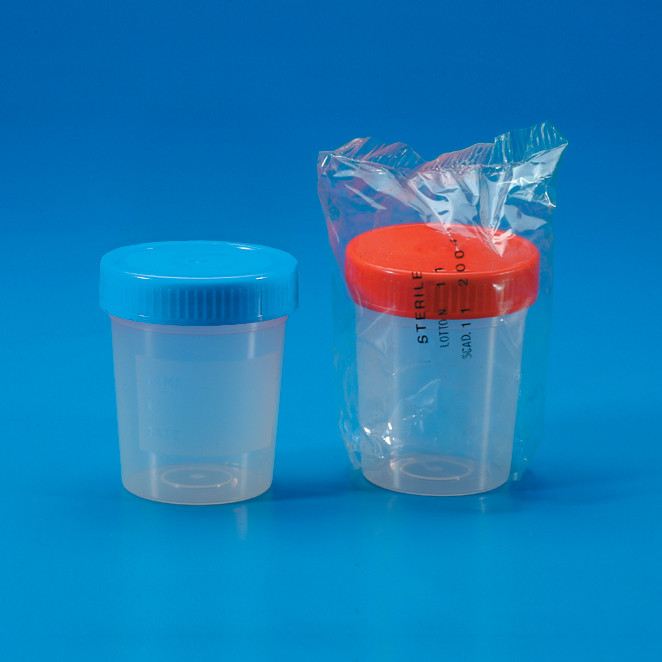 [1474152] Sample container, PP,red cap, ster., Ø62.5mm,150ml