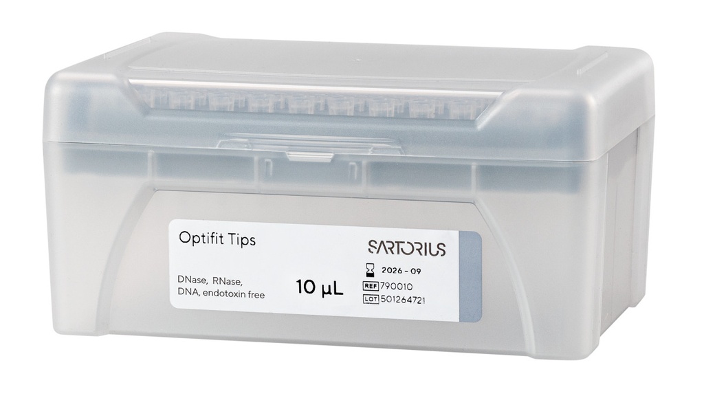 Optifit-Pipette tips, Sartorius, 0,1-10 µl, length 31,5 mm, 10 rack with 96 pcs, sterile