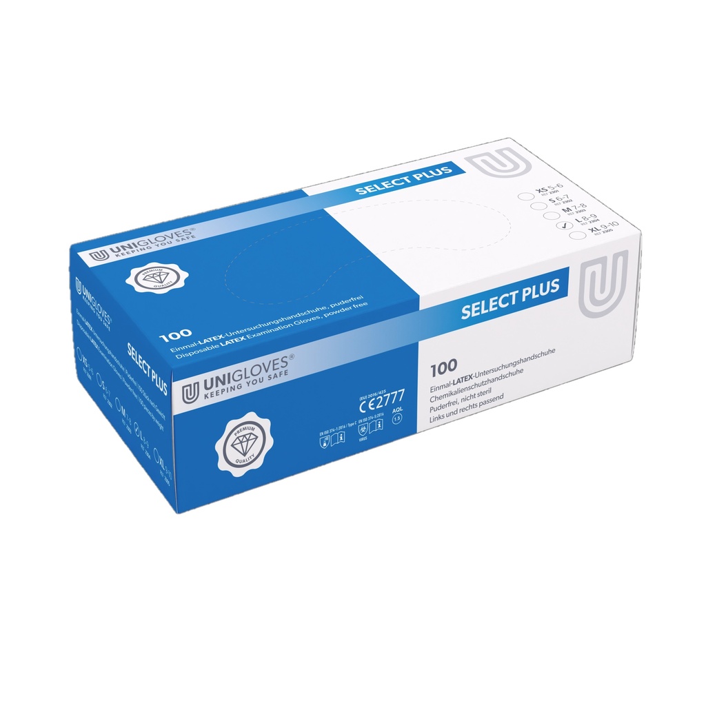 [0871904] Latex gloves, Unigloves SELECT PLUS, size L (8-9)