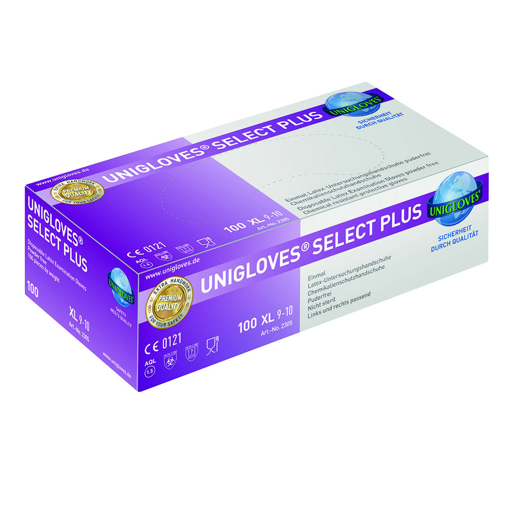[0871906] Latex gloves, Unigloves SELECT PLUS, size XL (9 - 10)