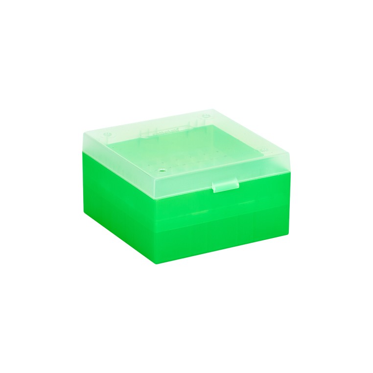 Cryobox, Ratiolab, 133 x 133 x 52 mm, PP, 9 x 9, 1,2/2,0 ml cryotube, green