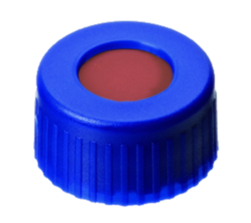 Screw cap, LLG, N 9 short thread, blue PP w. hole, rubber/PTFE 60 A