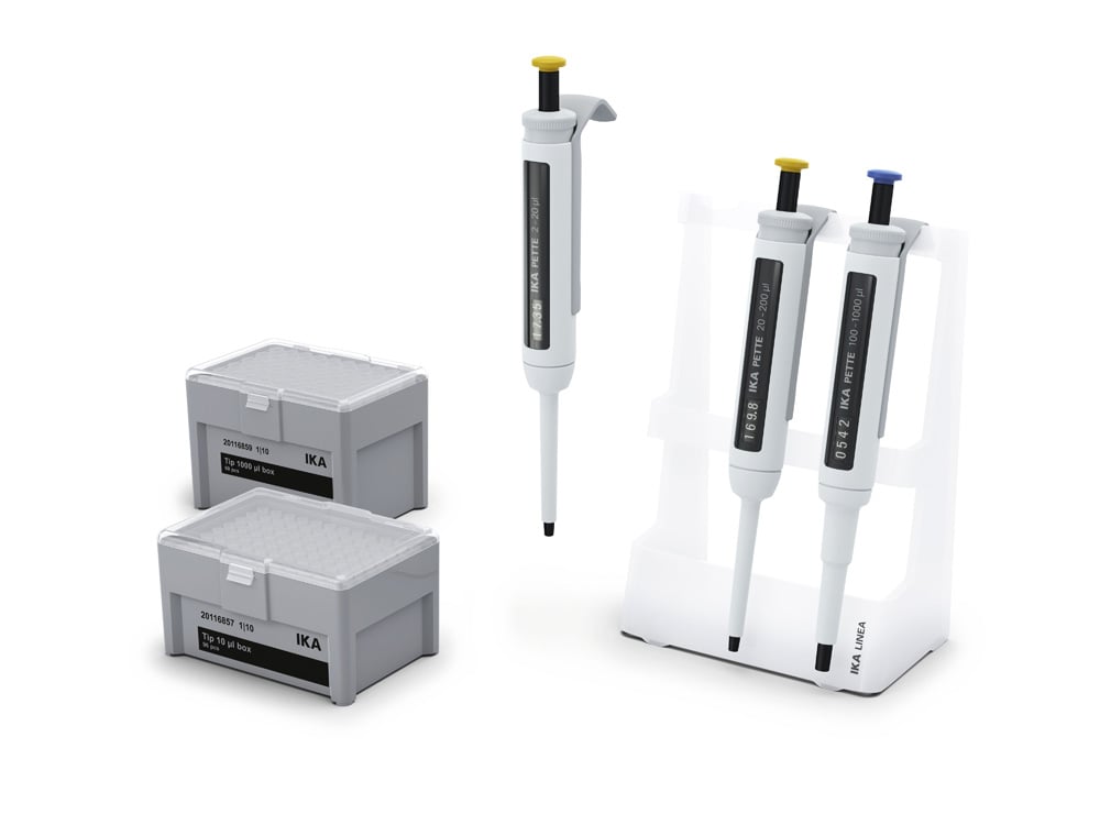 Pipette kit, IKA PETTE Classic, 3 pipettes, 2-20, 20-200, 100-1000 µl, with pipette tips and stand