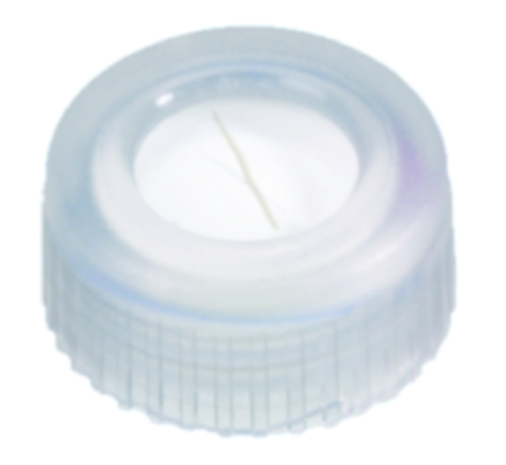 Screw cap, LLG, N 9 short thread, clear PP w. hole, silicone/PTFE 55 A, slit