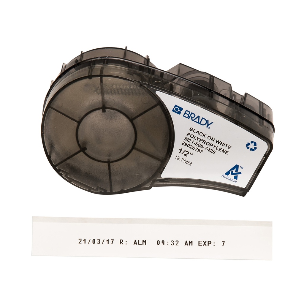 [7660786] Tape, Brady 7425, 9,53 mm x 6,4 m. PP, -192°C, sort på hvid