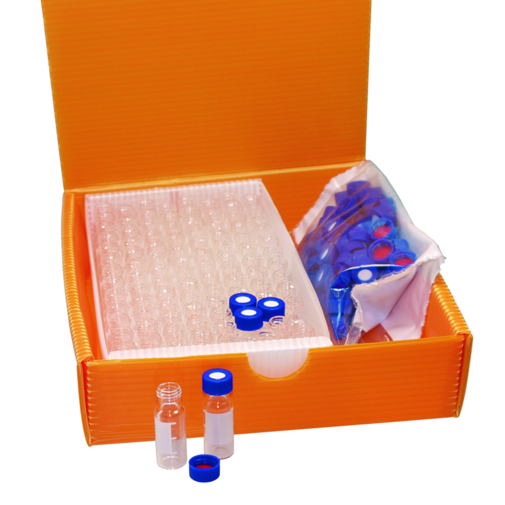 2in1 vial kit, LLG, N 9 screw thread, 1,5 mL, clear, labeling, blue PP w. hole, silicone/PTFE, slit