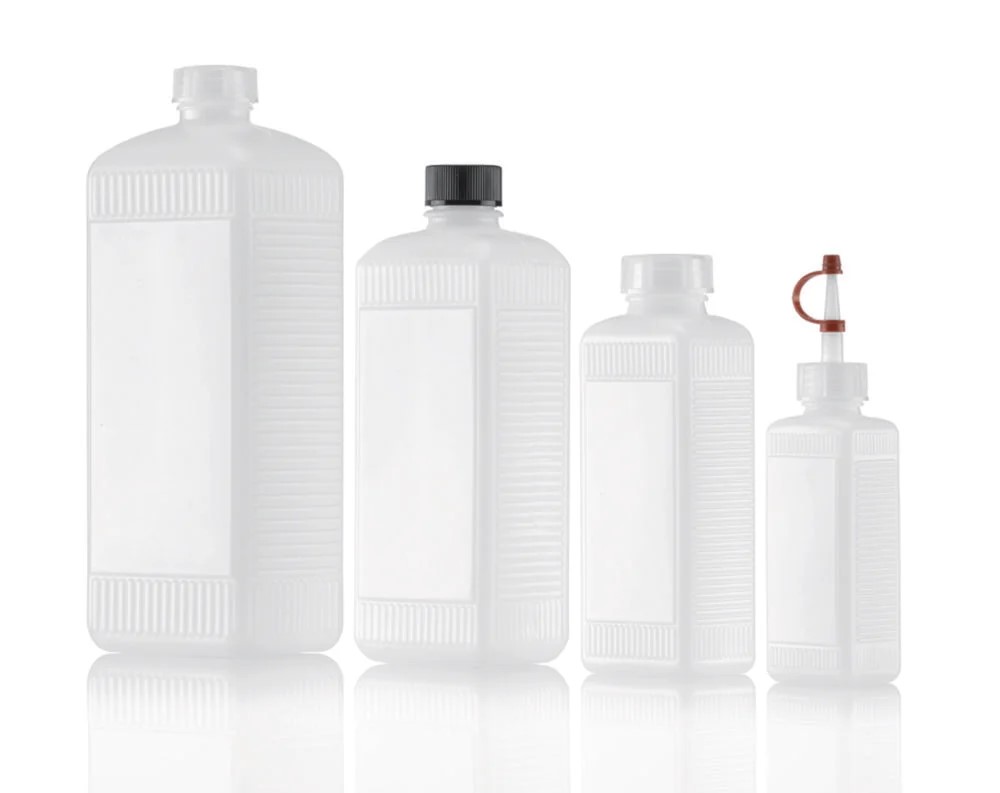 [9072814] Square bottles, HDPE, natural, with LDPE screw ca