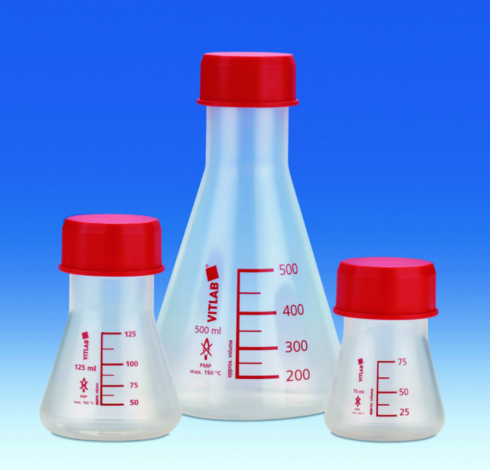 [9140996] Erlenmeyer flask w. wide screw neck and cap, VITLAB, PP, GL 45, 125 mL, 6 pcs