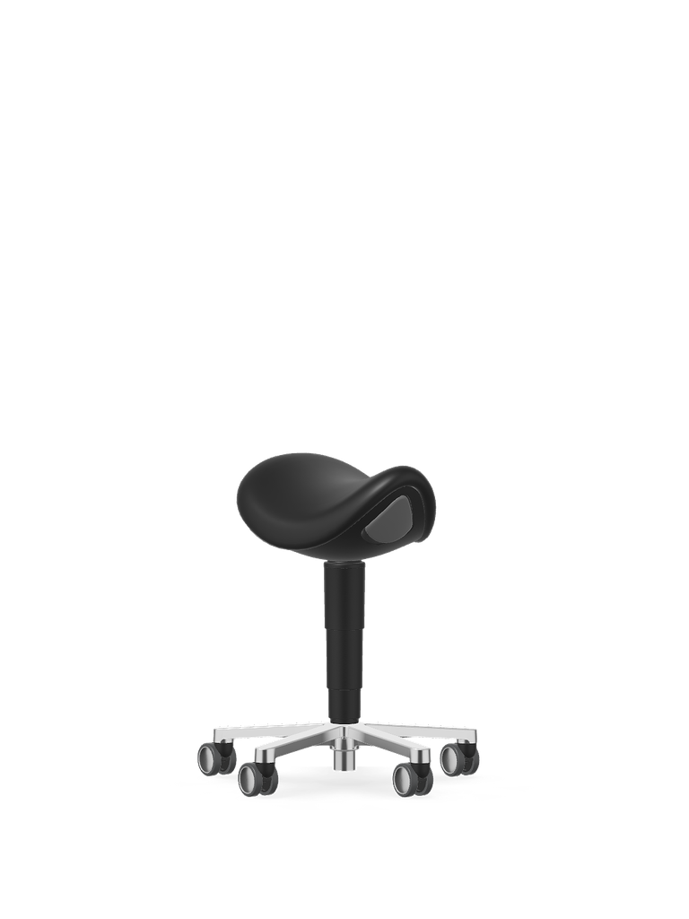 Medical saddle stool, Bimos, black imitation leather, alu star /castors