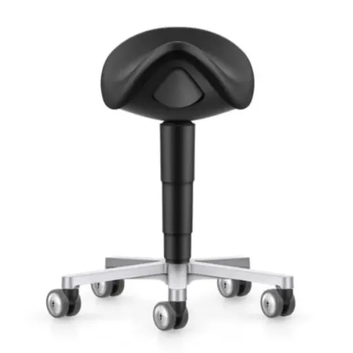 Medical saddle stool, Bimos, black imitation leather, alu star /castors
